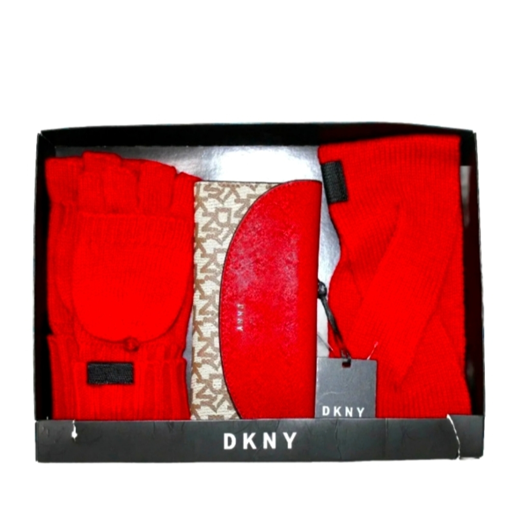 New DKNY Signature Wallet Headband Fingerless Mitten Gloves Red Boxed Set $148